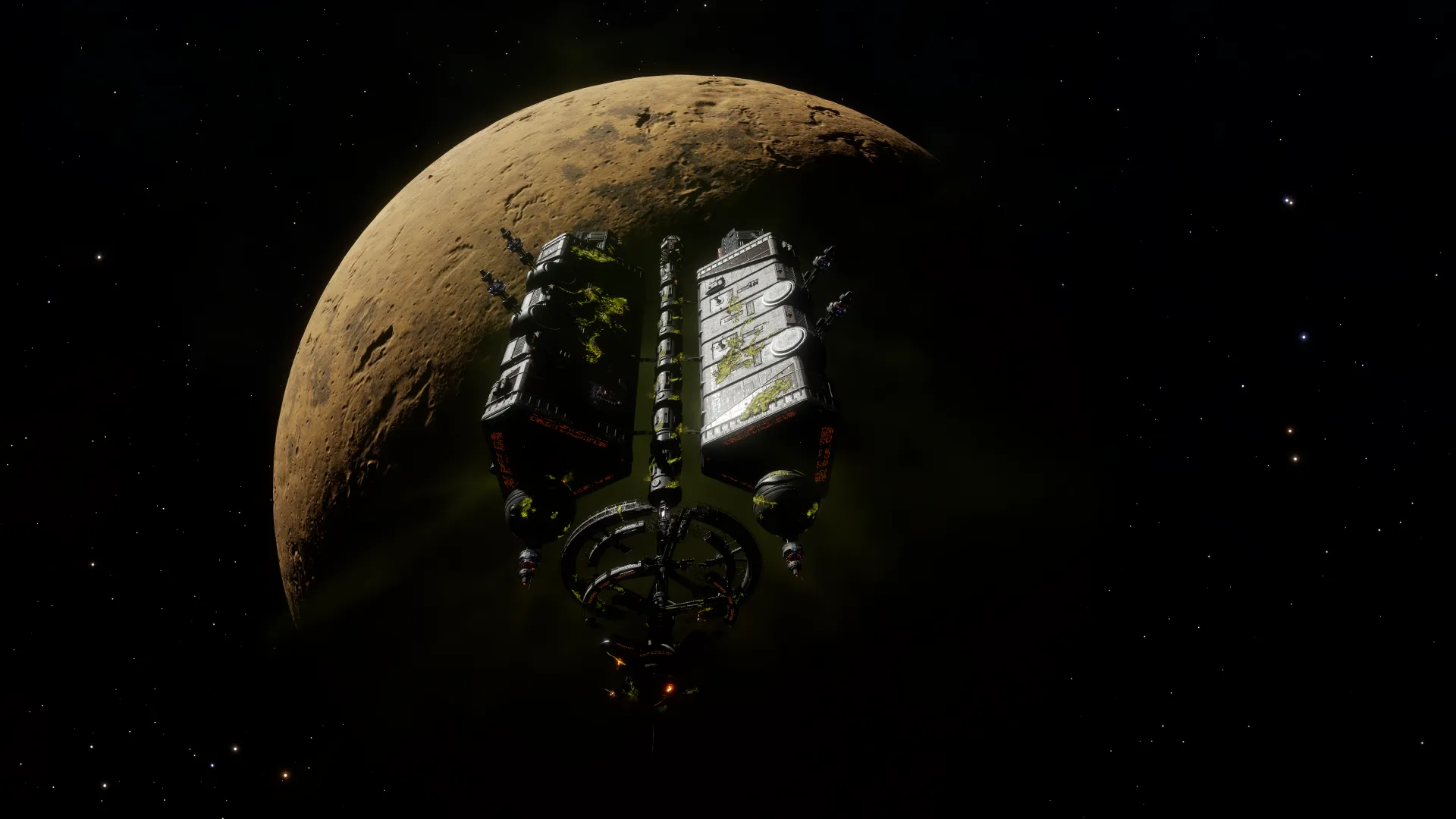A destroyed megaship looms solemnly